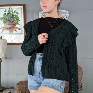 Green Ruffle Sleeve Cardigan